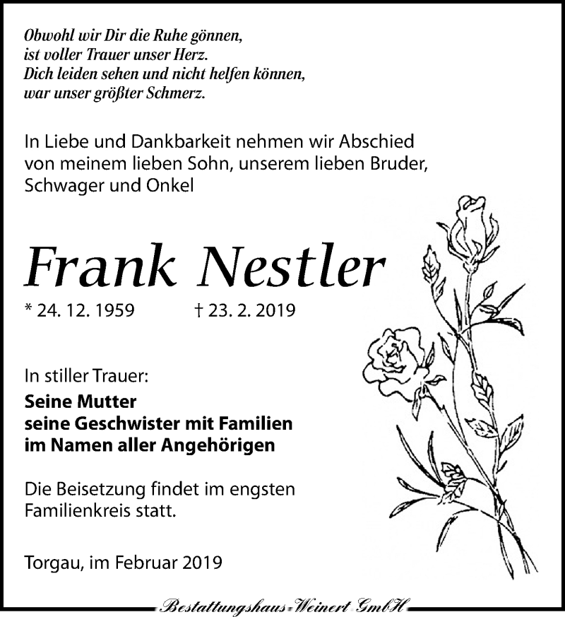  Traueranzeige für Frank Nestler vom 02.03.2019 aus Torgauer Zeitung
