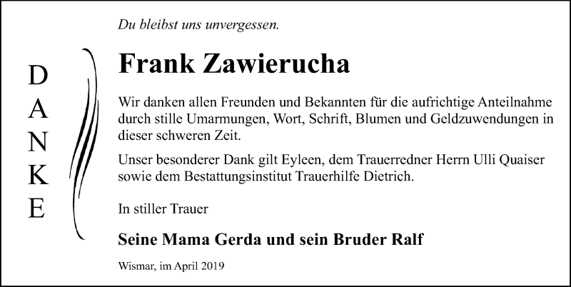  Traueranzeige für Frank Zawierucha vom 20.04.2019 aus Ostsee-Zeitung GmbH