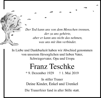 Traueranzeige von Franz Teschke von Lübecker Nachrichten