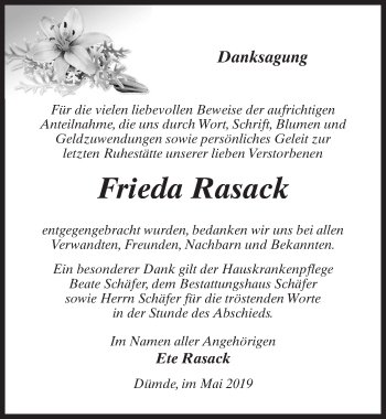 Traueranzeige von Frieda Rasack von Märkischen Allgemeine Zeitung
