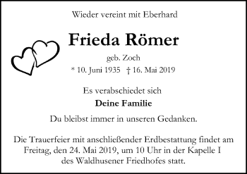 Traueranzeige von Frieda Römer von Lübecker Nachrichten