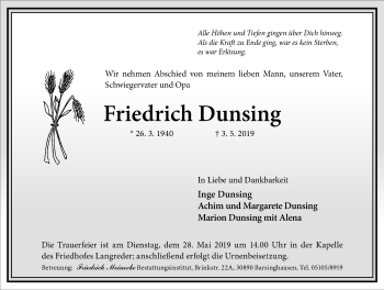 Traueranzeige von Friedrich Dunsing von Hannoversche Allgemeine Zeitung/Neue Presse