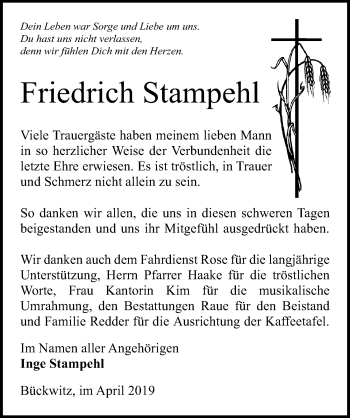 Traueranzeige von Friedrich Stampehl von Märkischen Allgemeine Zeitung