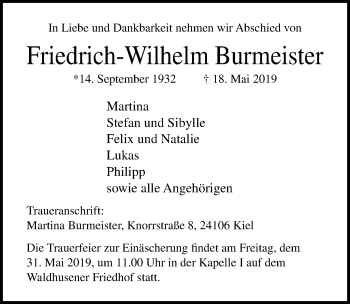 Traueranzeige von Friedrich-Wilhelm Burmeister von Lübecker Nachrichten