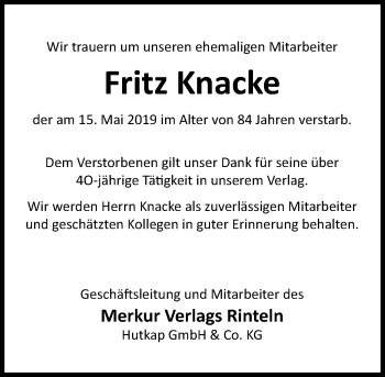 Traueranzeige von Fritz Knacke von Schaumburger Nachrichten