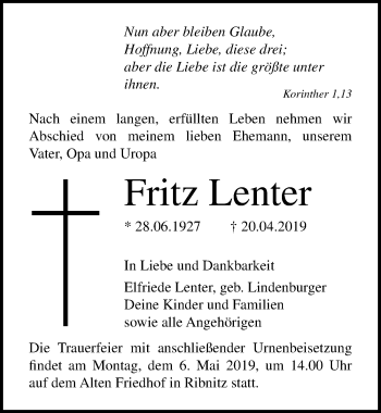 Traueranzeige von Fritz Lenter von Ostsee-Zeitung GmbH