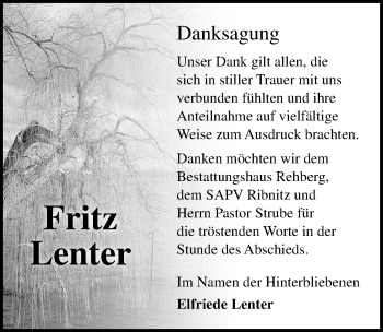 Traueranzeige von Fritz Lenter von Ostsee-Zeitung GmbH