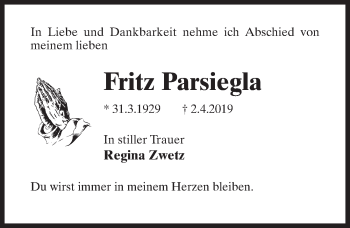 Traueranzeige von Fritz Parsiegla von Märkischen Allgemeine Zeitung