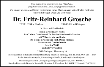 Traueranzeige von Fritz-Reinhard Grosche von Göttinger Tageblatt