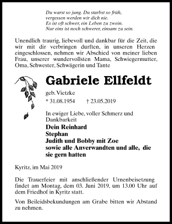 Traueranzeige von Gabriele Ellfeldt von Märkischen Allgemeine Zeitung