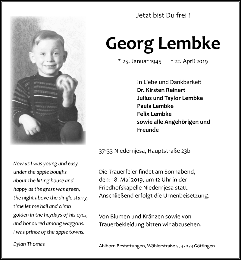  Traueranzeige für Georg Lembke vom 11.05.2019 aus Göttinger Tageblatt
