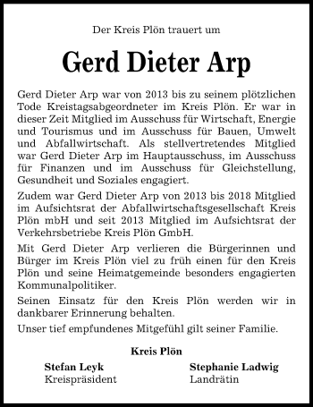 Traueranzeige von Gerd Dieter Arp von Kieler Nachrichten