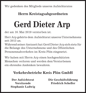 Traueranzeige von Gerd Dieter Arp von Kieler Nachrichten