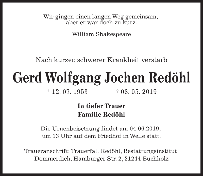  Traueranzeige für Gerd Wolfgang Jochen  Redöhl vom 25.05.2019 aus Hannoversche Allgemeine Zeitung/Neue Presse