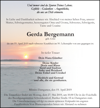 Traueranzeige von Gerda Bergemann von Ostsee-Zeitung GmbH