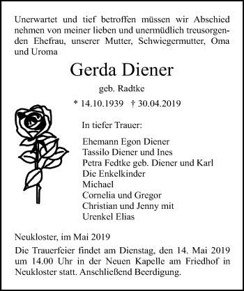 Traueranzeige von Gerda Diener von Ostsee-Zeitung GmbH