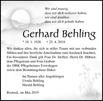 Traueranzeige von Gerhard Behling von Ostsee-Zeitung GmbH