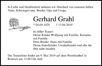 Traueranzeige von Gerhard Grahl von Ostsee-Zeitung GmbH