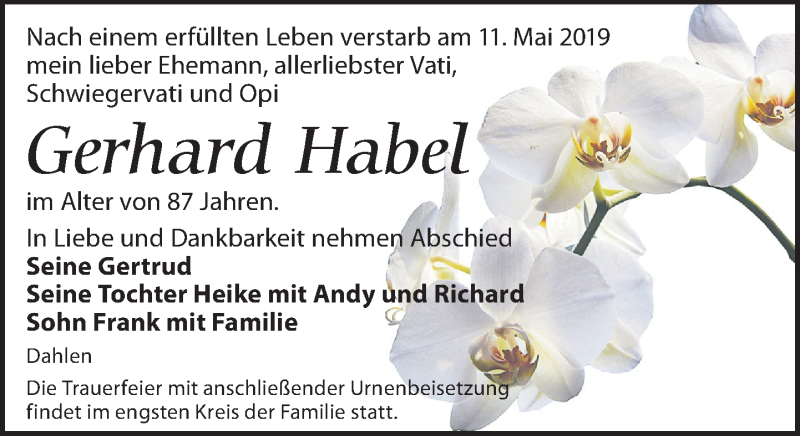  Traueranzeige für Gerhard Habel vom 18.05.2019 aus Leipziger Volkszeitung