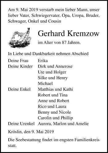 Traueranzeige von Gerhard Kremzow von Ostsee-Zeitung GmbH