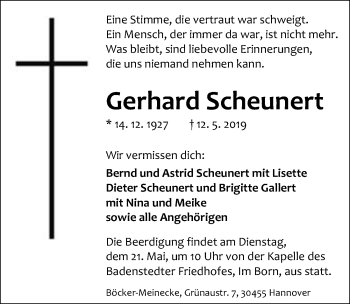 Traueranzeige von Gerhard Scheunert von Hannoversche Allgemeine Zeitung/Neue Presse