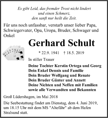 Traueranzeige von Gerhard Schult von Ostsee-Zeitung GmbH
