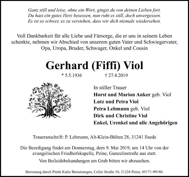  Traueranzeige für Gerhard Viol vom 04.05.2019 aus Peiner Allgemeine Zeitung