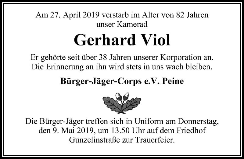  Traueranzeige für Gerhard Viol vom 06.05.2019 aus Peiner Allgemeine Zeitung