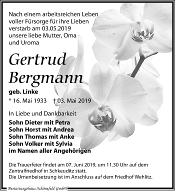 Traueranzeige von Gertrud Bergmann von Leipziger Volkszeitung