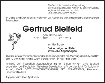 Traueranzeige von Gertrud Bielfeld von Kieler Nachrichten