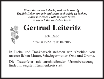 Traueranzeige von Gertrud Leiteritz von Märkischen Allgemeine Zeitung