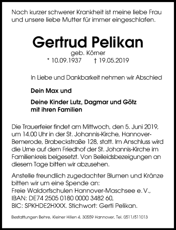 Traueranzeige von Gertrud Pelikan von Hannoversche Allgemeine Zeitung/Neue Presse