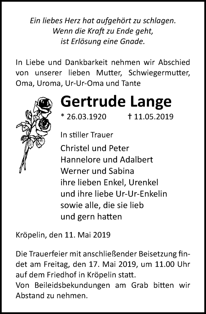  Traueranzeige für Gertrude Lange vom 15.05.2019 aus Ostsee-Zeitung GmbH