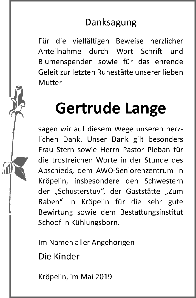  Traueranzeige für Gertrude Lange vom 25.05.2019 aus Ostsee-Zeitung GmbH