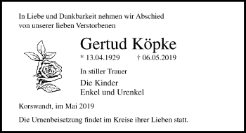 Traueranzeige von Gertud Köpke von Ostsee-Zeitung GmbH