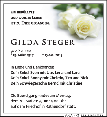 Traueranzeige von Gilda Steger von Leipziger Volkszeitung