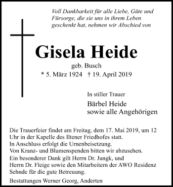 Traueranzeige von Gisela Heide von Hannoversche Allgemeine Zeitung/Neue Presse