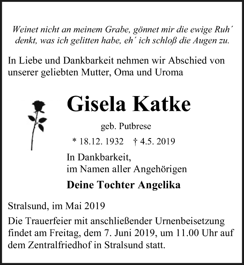 Traueranzeige für Gisela Katke vom 11.05.2019 aus Ostsee-Zeitung GmbH