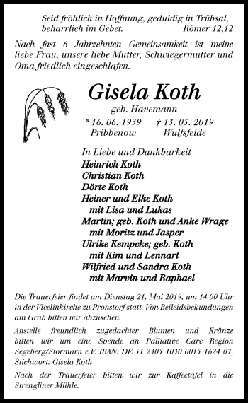 Traueranzeige von Gisela Koth von Lübecker Nachrichten