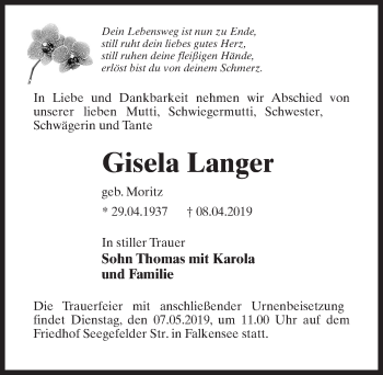Traueranzeige von Gisela Langer von Märkischen Allgemeine Zeitung