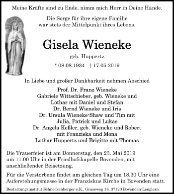 Traueranzeige von Gisela Wieneke von Göttinger Tageblatt