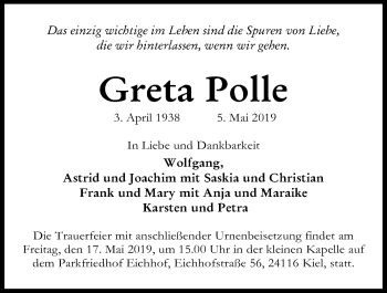 Traueranzeige von Greta Polle von Kieler Nachrichten