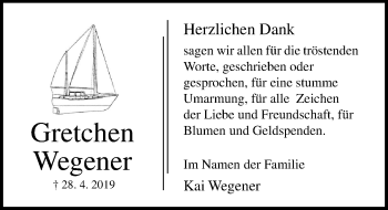 Traueranzeige von Gretchen Wegener von Lübecker Nachrichten