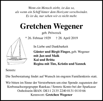 Traueranzeige von Gretchen Wegener von Lübecker Nachrichten