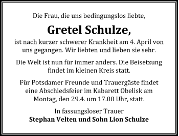 Traueranzeige von Gretel Schulze von Märkischen Allgemeine Zeitung