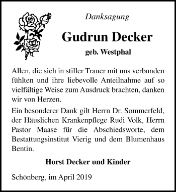 Traueranzeige von Gudrun Decker von Ostsee-Zeitung GmbH