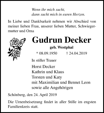 Traueranzeige von Gudrun Decker von Ostsee-Zeitung GmbH