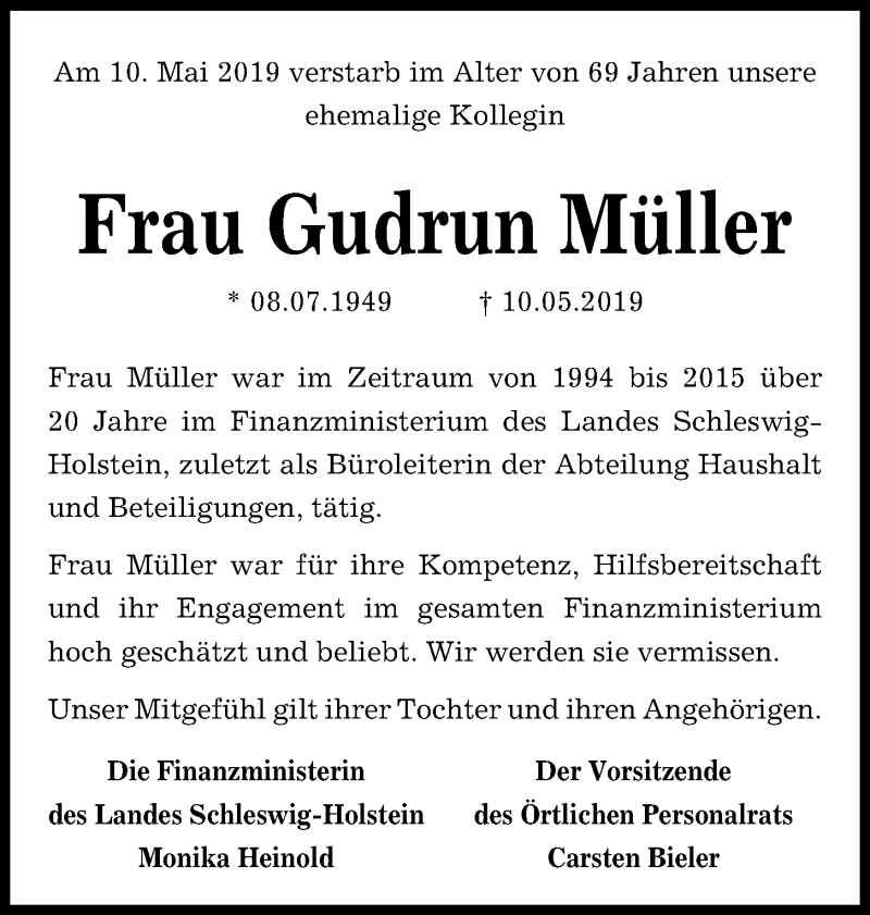  Traueranzeige für Gudrun Müller vom 18.05.2019 aus Kieler Nachrichten