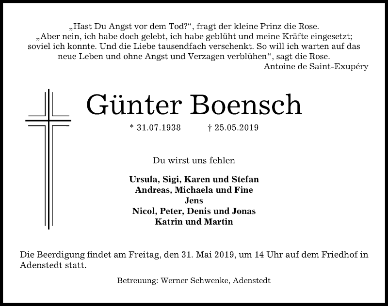  Traueranzeige für Günter Boensch vom 28.05.2019 aus Peiner Allgemeine Zeitung