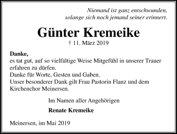 Traueranzeige von Günter Kremeike von Aller Zeitung